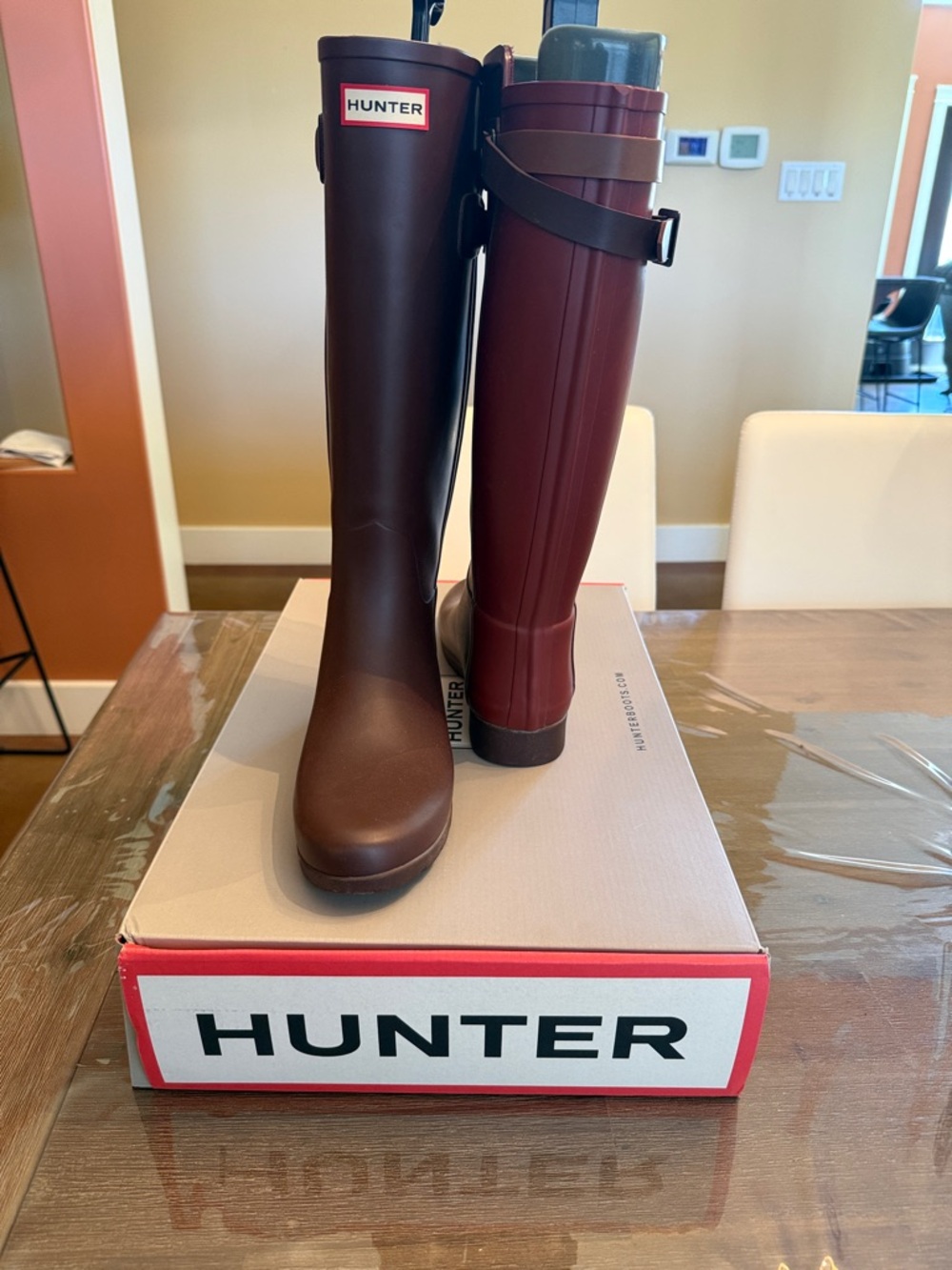 Hunter Knee-High Rain Boots in Burgundy and Brown